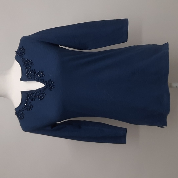 Talbots Marine Blue Jersey Top with Bead & Ribbon Detail, Size Petite P - Picture 1 of 5